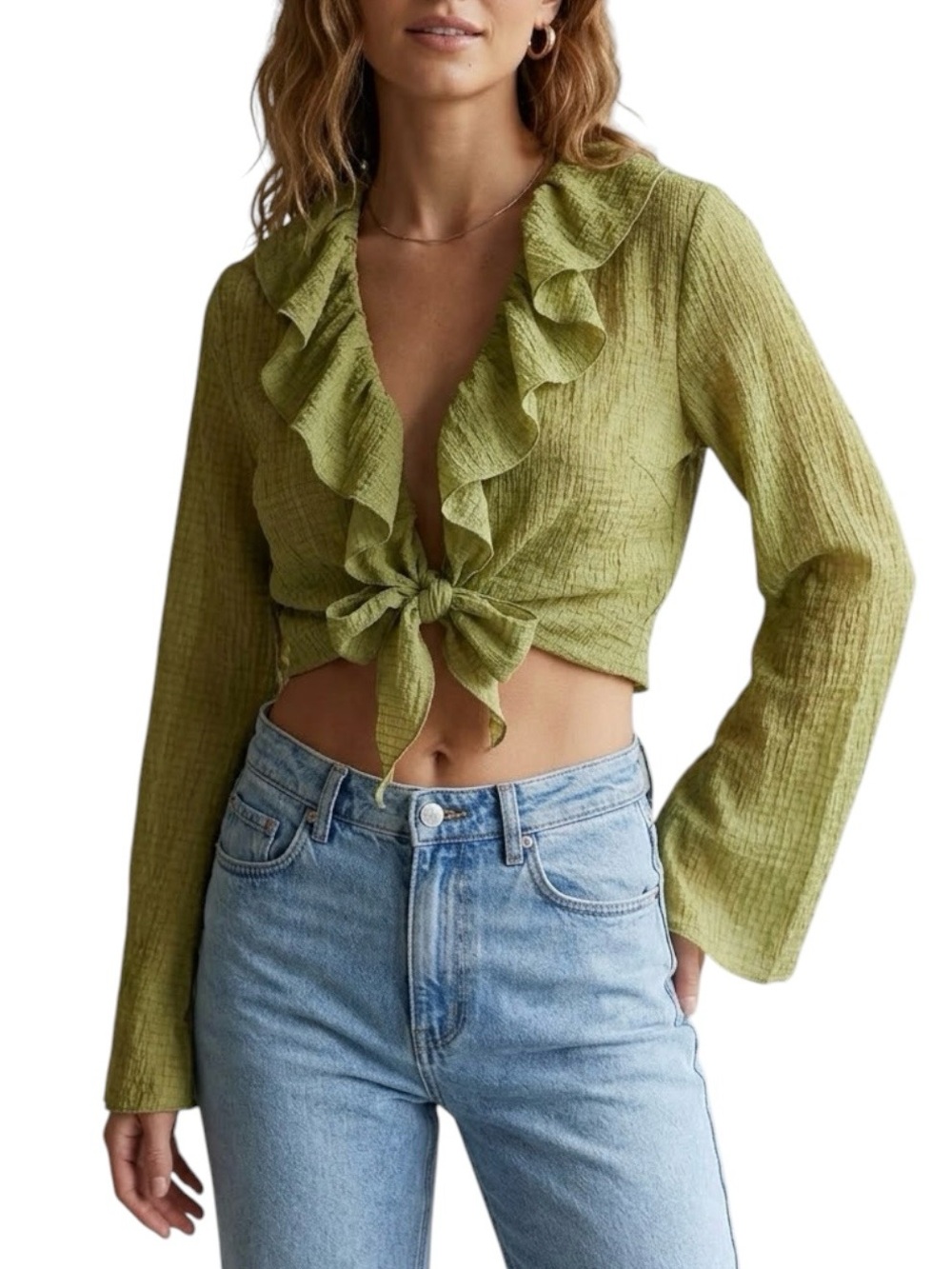 NWT PrettyLittleThing Green Ruffle Tie Front Top Blouse Cropped L 12 Chiffon